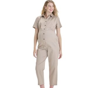 Isabel Maternity Short Sleeve Utility Jumpsuit - Khaki Tan - Size S - NWOT